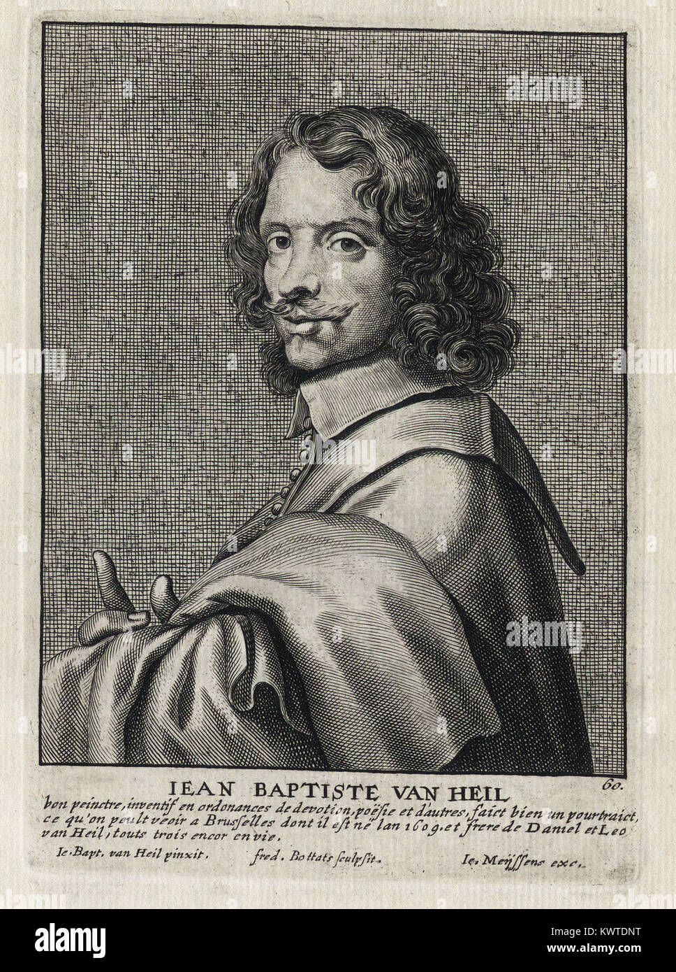 JEAN BAPTISTE VAN HEIL - Woodcut portrait and short biography (old french language) - Engraving 17th century Stock Photo