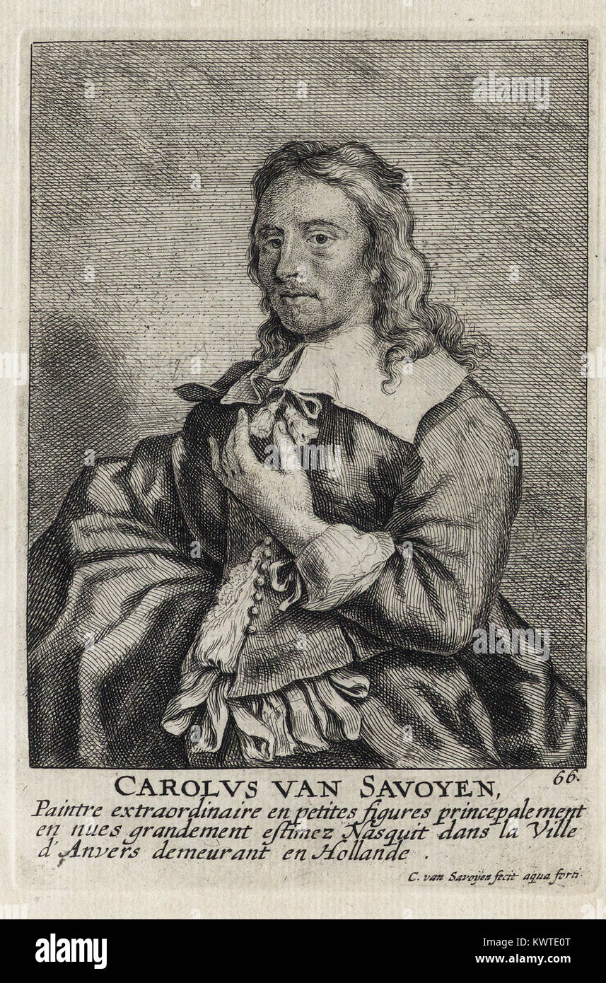 CAROLUS VAN SAVOYEN - Woodcut portrait and short biography (old french language) - Engraving 17th century Stock Photo
