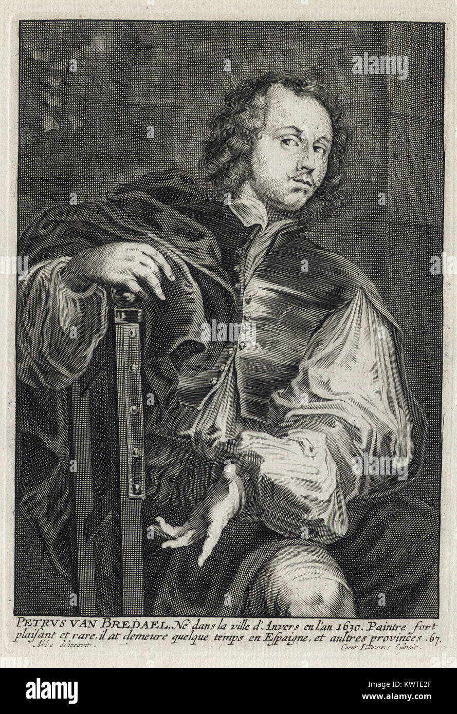 PETRUS VAN BREDAEL - Woodcut portrait and short biography (old french language) - Engraving 17th century Stock Photo