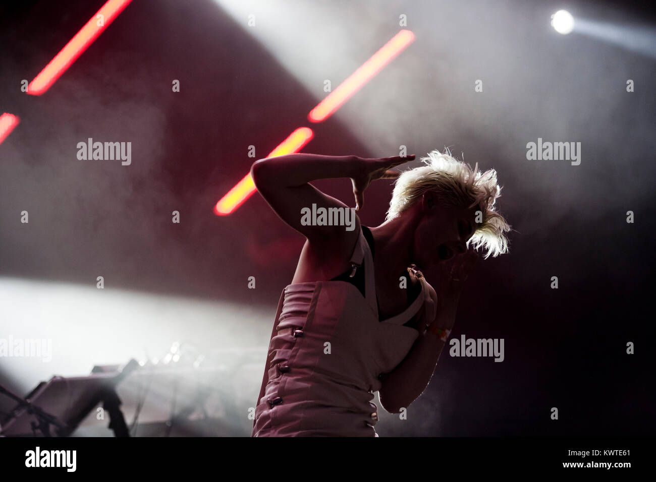 The Swedish singer Robyn (Miriam Carlsson) performs live concert at Roskilde Festival 2010 and is here pictured live on stage during her show. Denmark 04/07 2010. Stock Photo