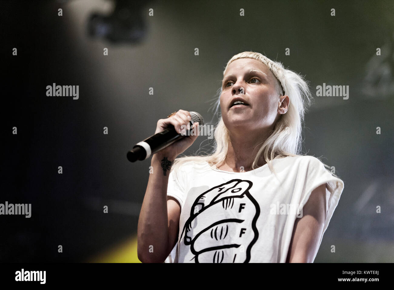 The South African rap duo Die Antwoord performs a live concert at Roskilde Festival 2010. The band consists of the two rave-vocalist Ninja and Yo-Landi Vi$$er (pictured) who perform lyrics in Afrikaans, Xhosa and English. Denmark, 04/07 2010. Stock Photo