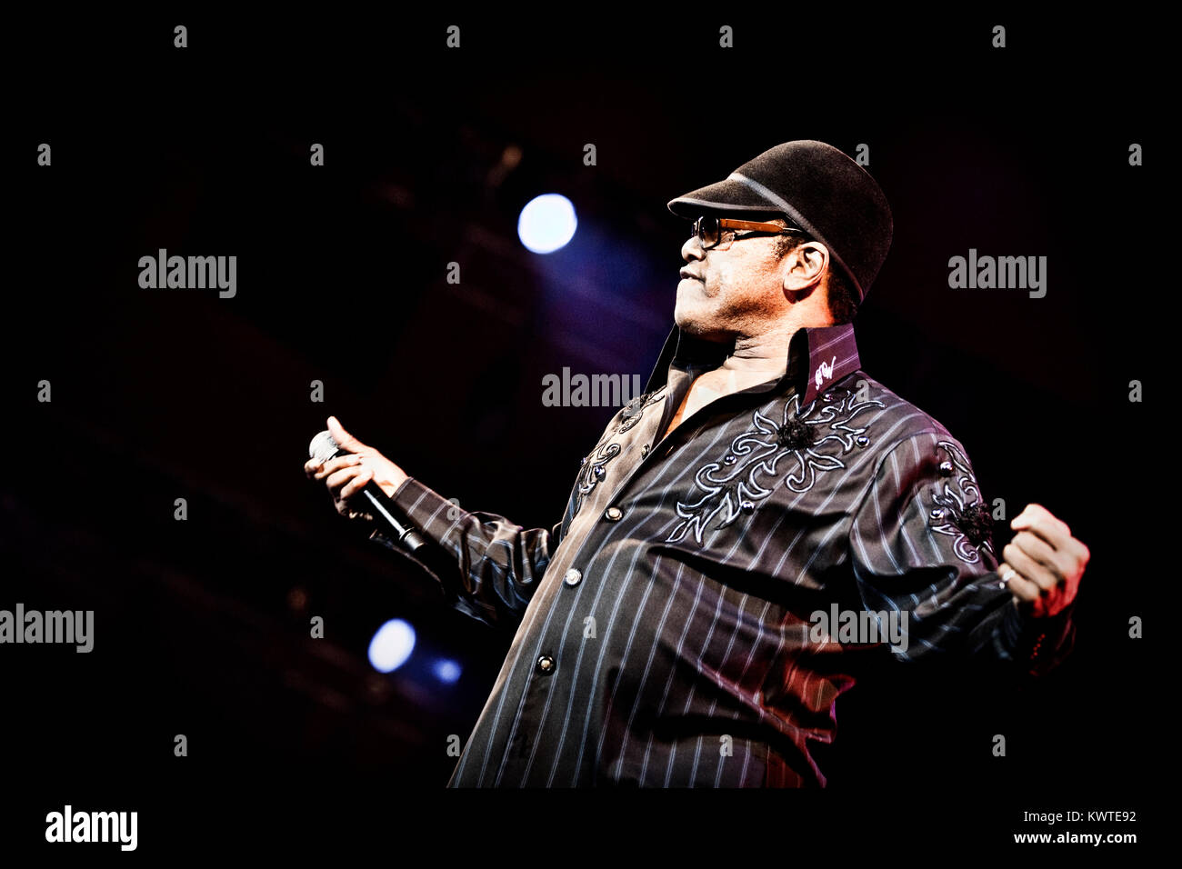 The virtual English band Gorillaz, led by frontman Damon Albarn, performs a live concert at the Orange Stage at Roskilde Festival 2010. Here the American soul singer Bobby Womack has joined the band on stage. Denmark, 01/07 2010. Stock Photo