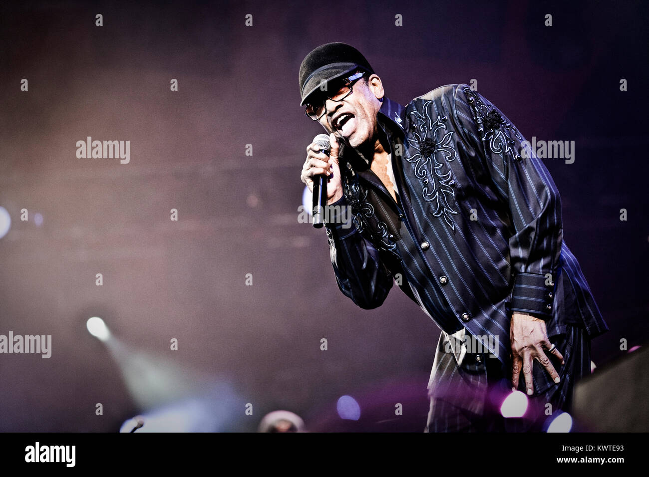 The virtual English band Gorillaz, led by frontman Damon Albarn, performs a live concert at the Orange Stage at Roskilde Festival 2010. Here the American soul singer Bobby Womack has joined the band on stage. Denmark, 01/07 2010. Stock Photo