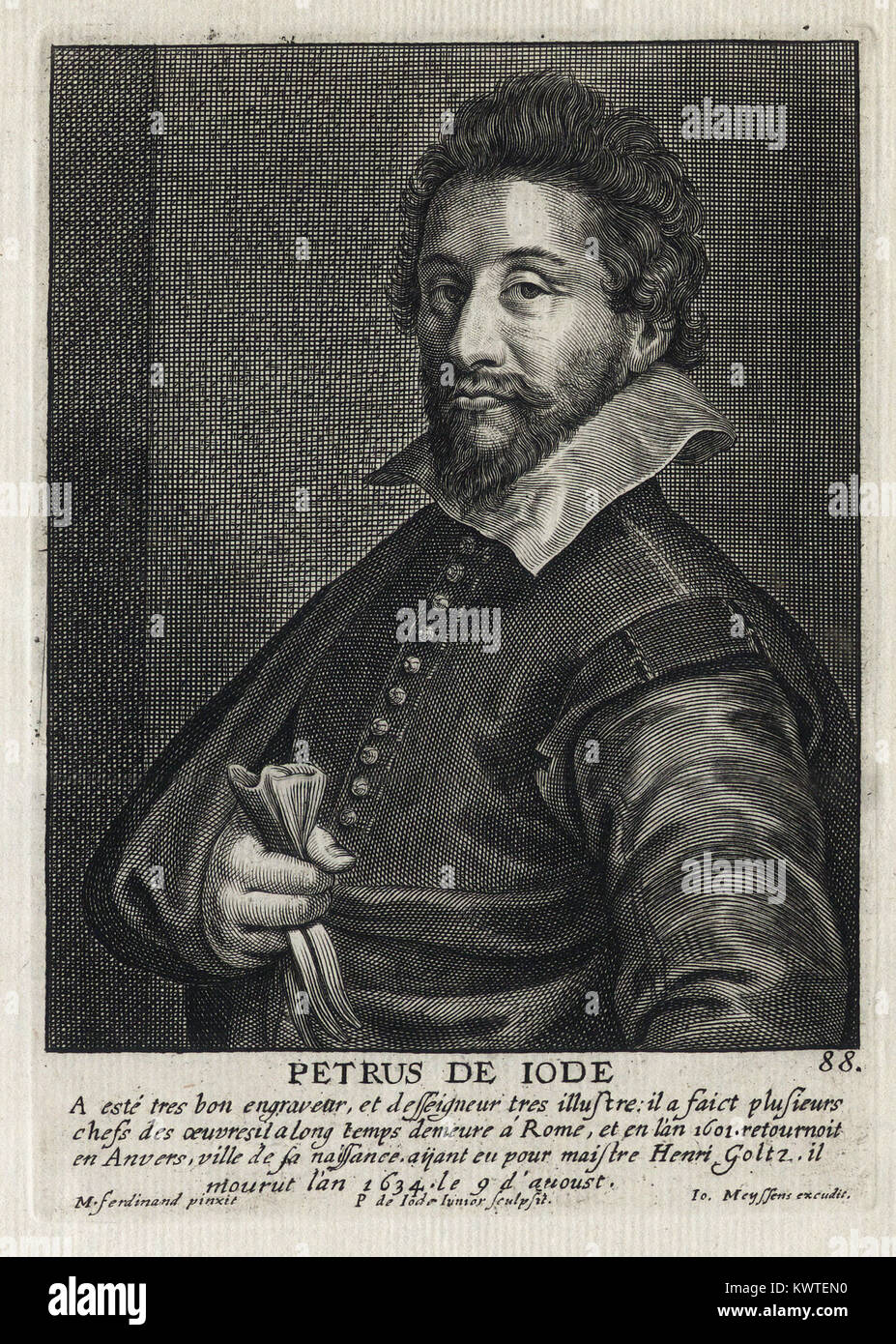 PETRUS DE IODE - Woodcut portrait and short biography (old french language) - Engraving 17th century Stock Photo