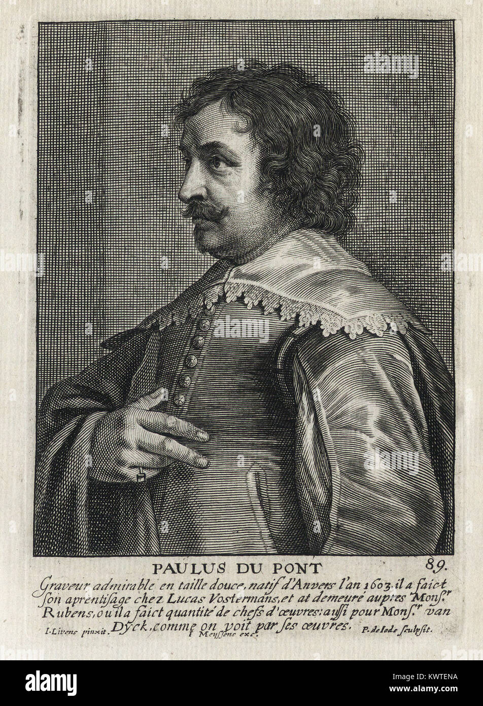 PAULUS DU PONT - Woodcut portrait and short biography (old french language) - Engraving 17th century Stock Photo