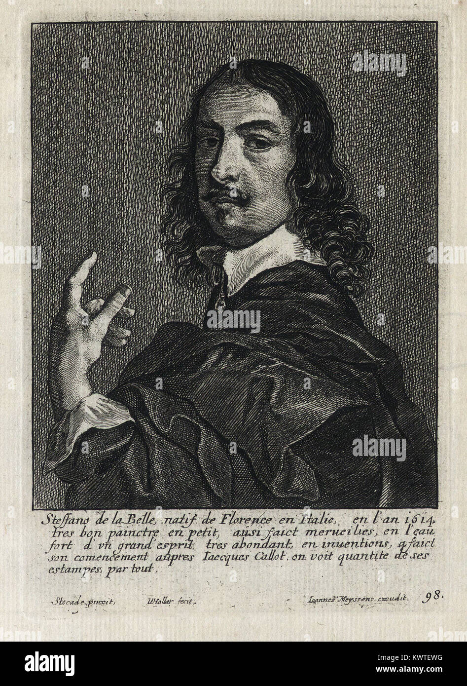 STEFFANO DE LA BELLE - Woodcut portrait and short biography (old french language) - Engraving 17th century Stock Photo