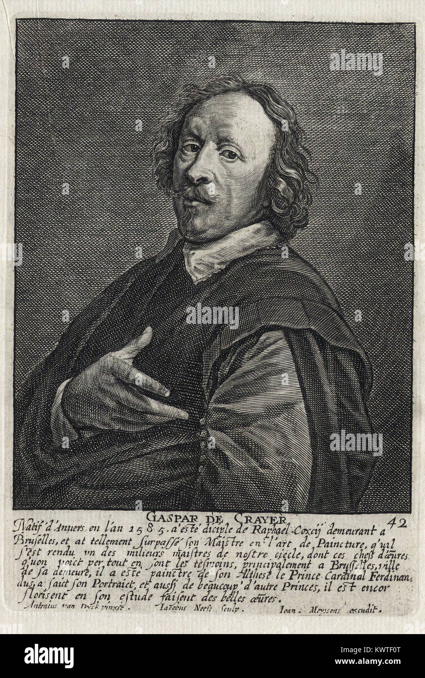 GASPAR DE CRAYER - Woodcut portrait and short biography (old french language) - Engraving 17th century Stock Photo
