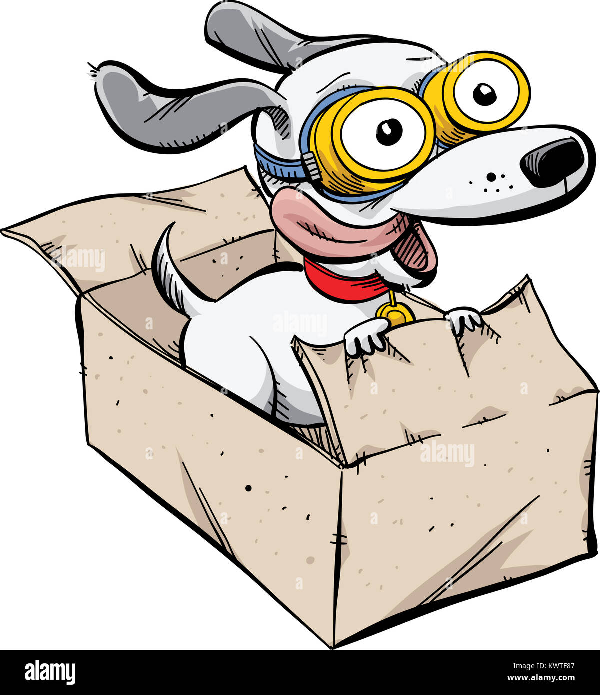 A cartoon dog wearing flight goggles, riding in a fast moving cardboard box. Stock Photo