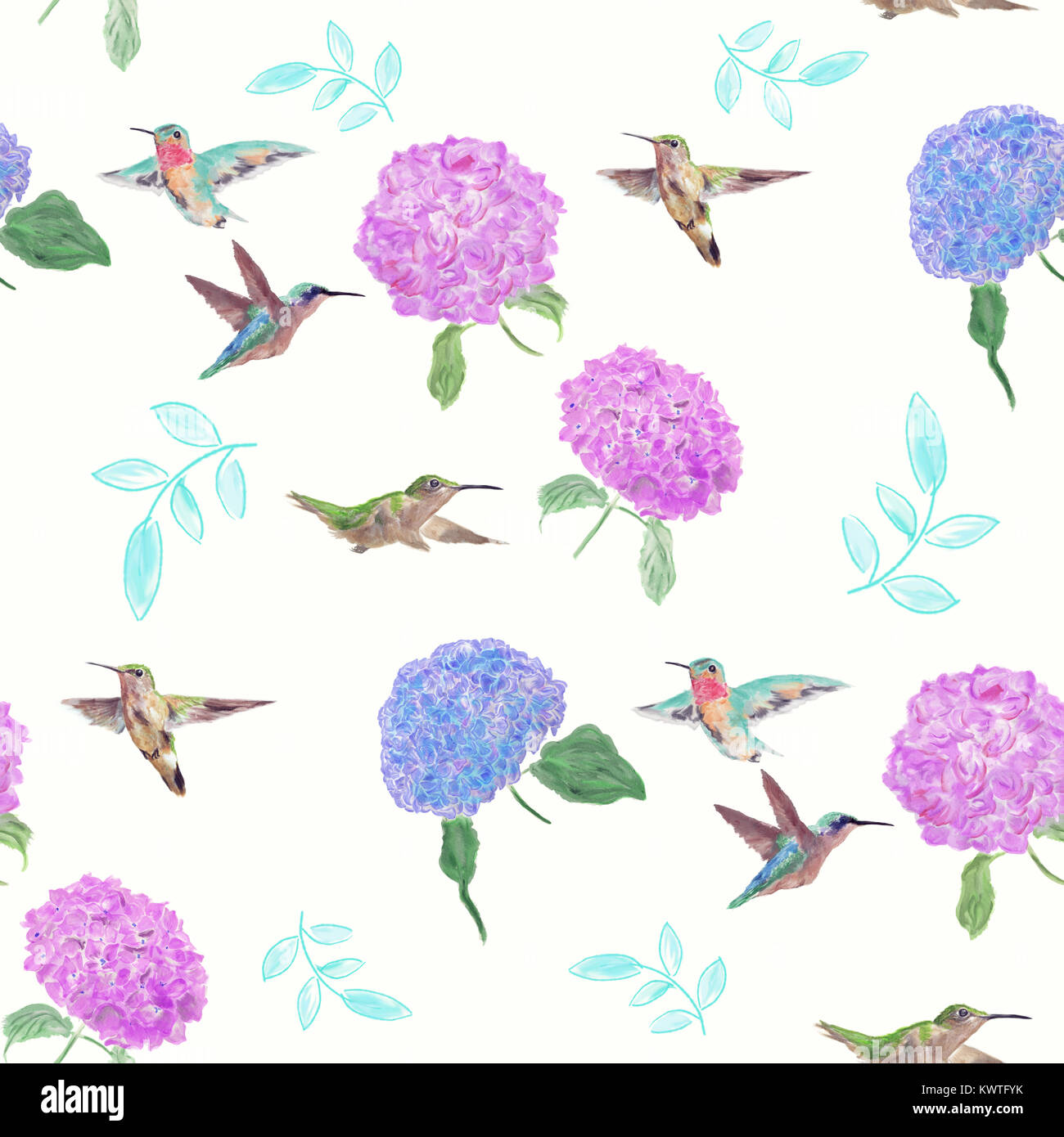 seamless pattern with flowers and hummingbirds watercolor on white ...