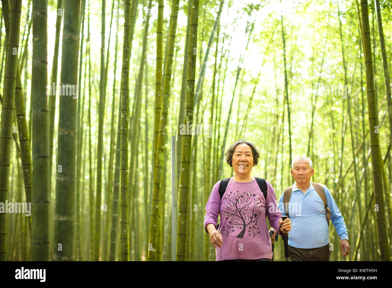 Senior Couple hiking in green bamboo forest  Stock Photo