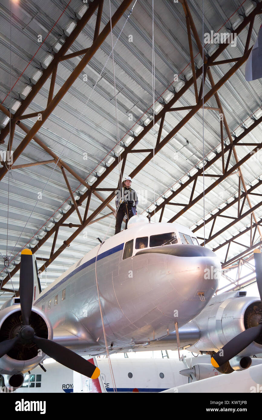 Aircraft cleaning at Royal Air Force Museum Cosford, Shropshire, UK before centenary celebrations begin to mark 100 years of the RAF (January 2018). Stock Photo