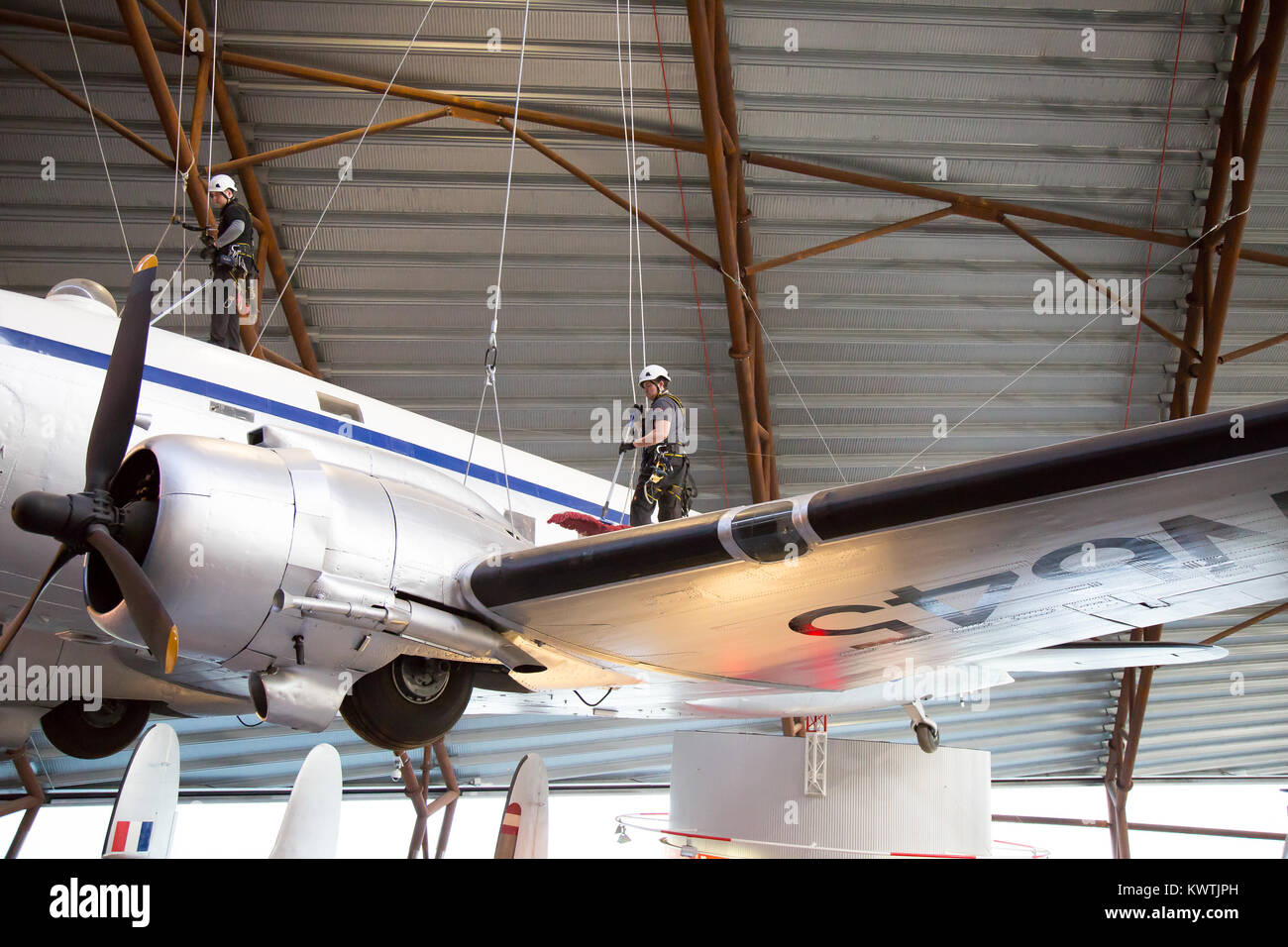 Aircraft cleaning at Royal Air Force Museum Cosford, Shropshire, UK before centenary celebrations begin to mark 100 years of the RAF (January 2018). Stock Photo