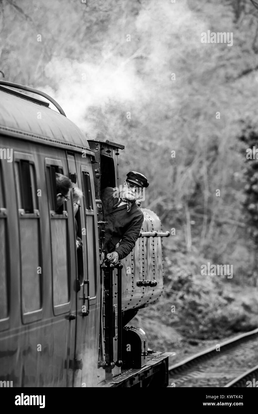Portrait, black & white shot of engine driver leaning out cab of UK steam train looking at his passengers on board the vintage railway carriage behind. Stock Photo