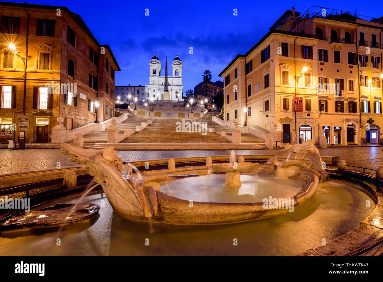 Fontana della Barcaccia and Spanish Steps at night, Piazza di Spagna, Rome, Lazio, Italy Stock Photo
