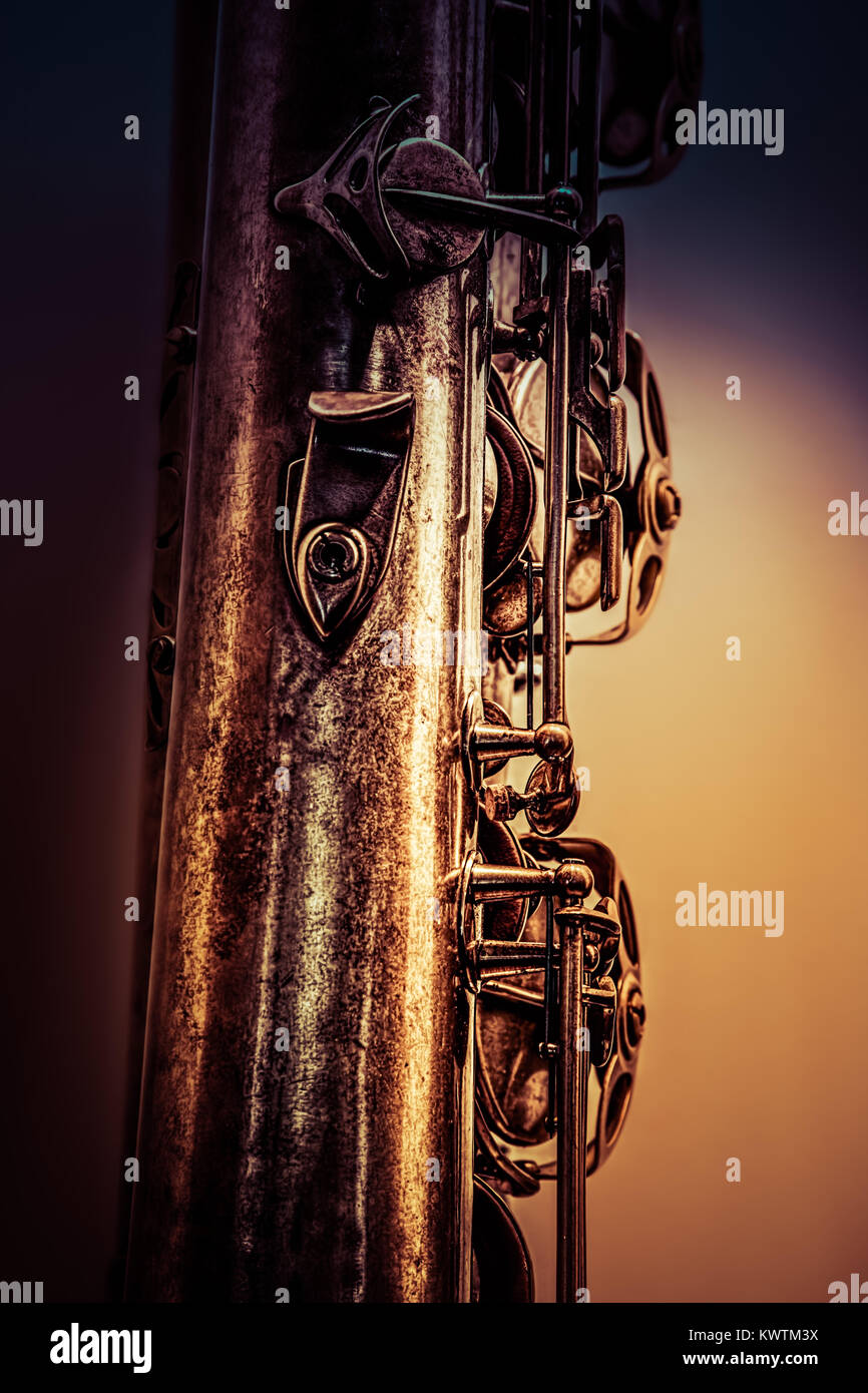 The keys and buttons of a old tenor saxophone. Stock Photo