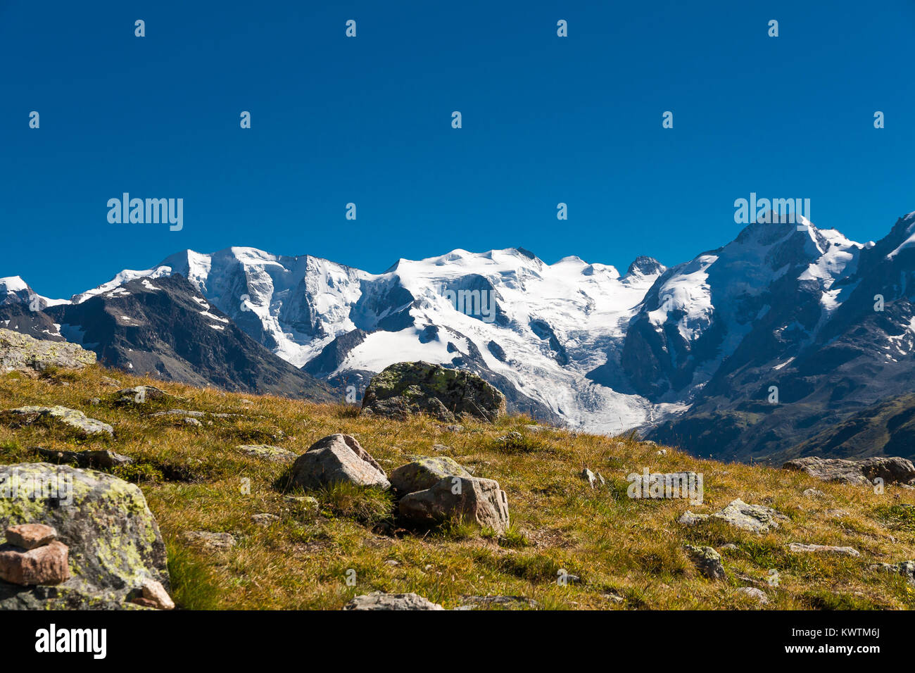 Piz Bernina and Morteratsch glacier, view from Paradis Hutte, Engadine, Switzerland. Stock Photo