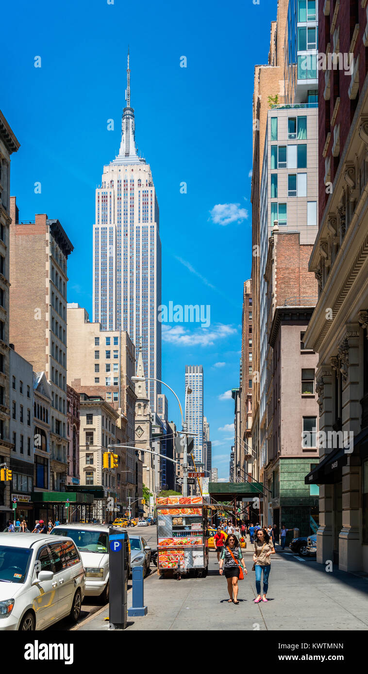 View on Empire State Building from 5th Avenue, Manhattan, New York City, USA. Stock Photo