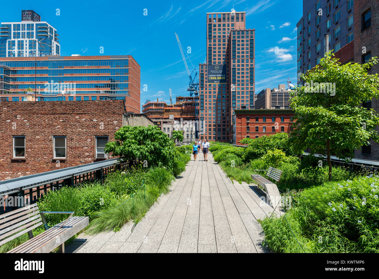 The High Line Park in New York City, USA. It is a 2,33 km long elevated linear park, greenway and rail trail, created on a former Railroad Spur. Stock Photo