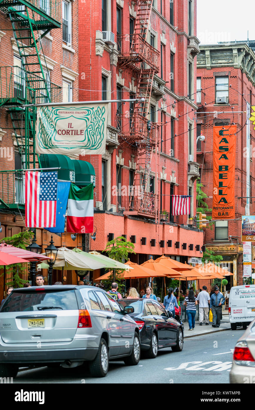 Street in Little Italy, a neighborhood in Lower Manhattan, New York City, USA, once known for its large population of Italian Americans. Stock Photo