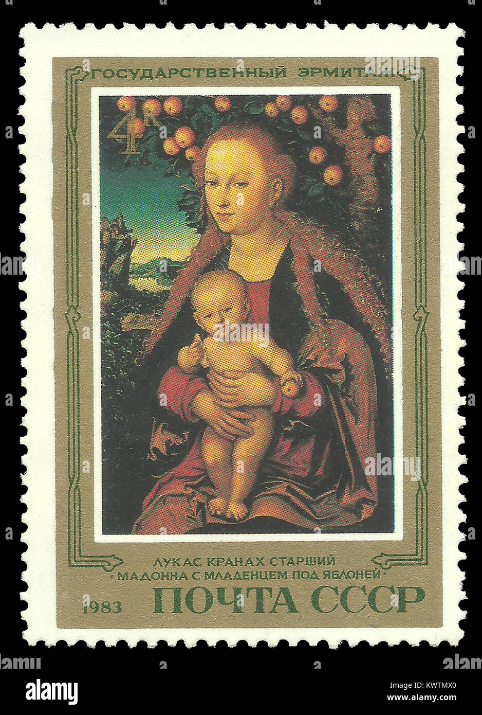 USSR - stamp 1983: Color edition on German Art, shows Painting Madonna and Child under Apple Tree by Lucas Cranach Stock Photo