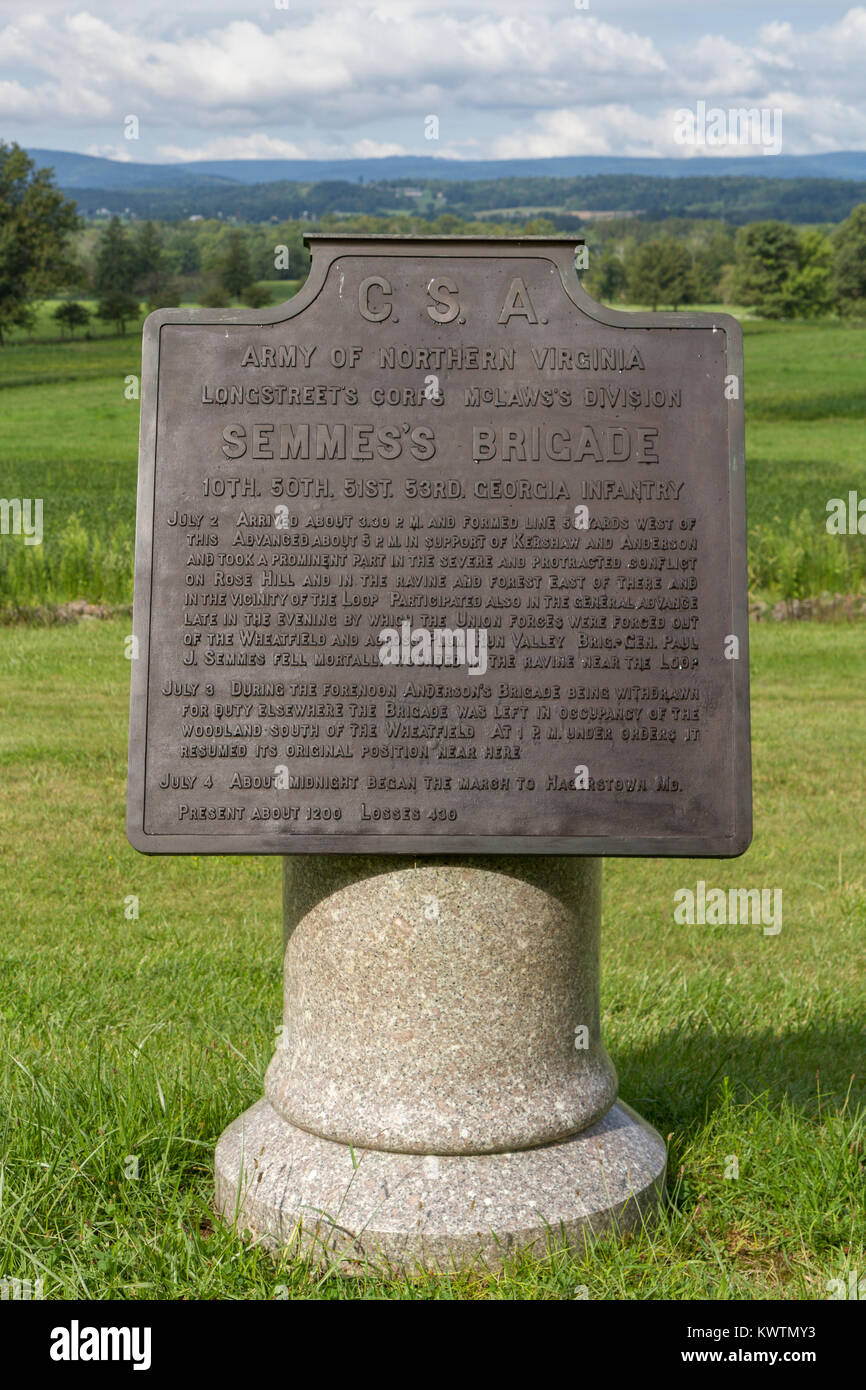 Information tablet for the Army of Northern Virginia, Semmes's Brigade, Gettysburg National Military Park, PA, USA. Stock Photo