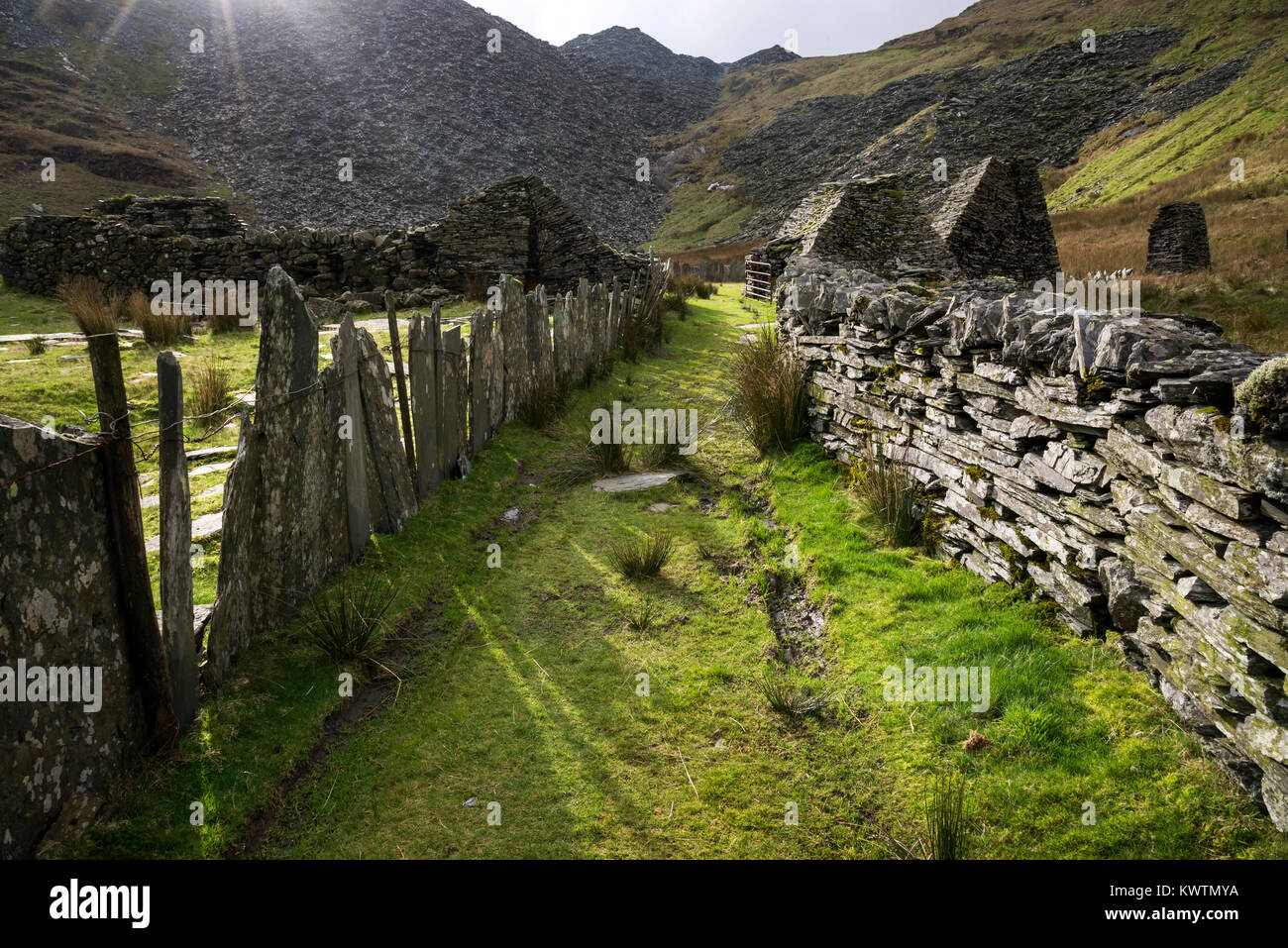 Ruined buildings at the old disused quarry at Cwmorthin, Blaenau