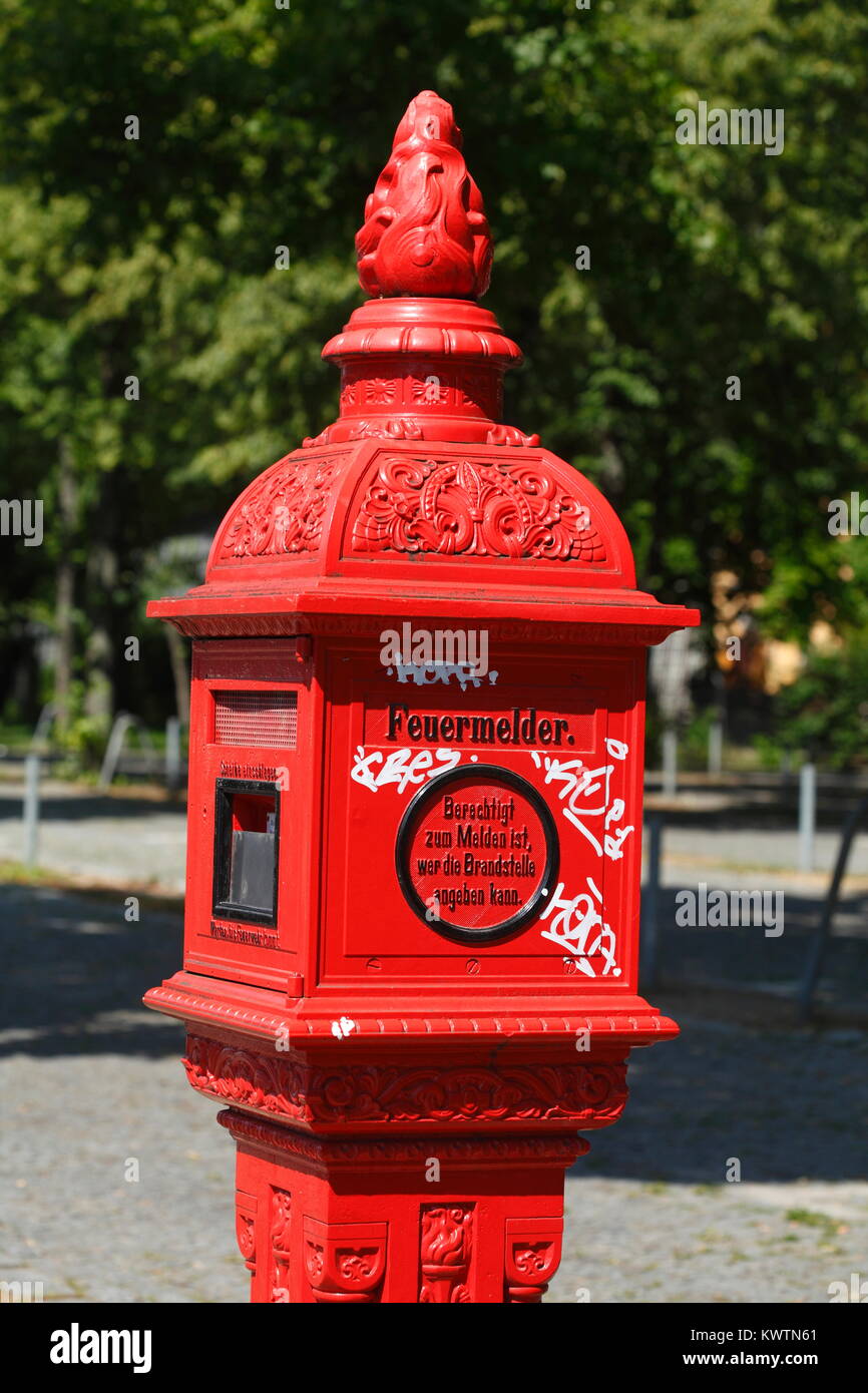 Red old Fire Alarm, Berlin, Germany, Europe  I Historischer Feuermelder,  Berlin, Deutschland, Europa Stock Photo