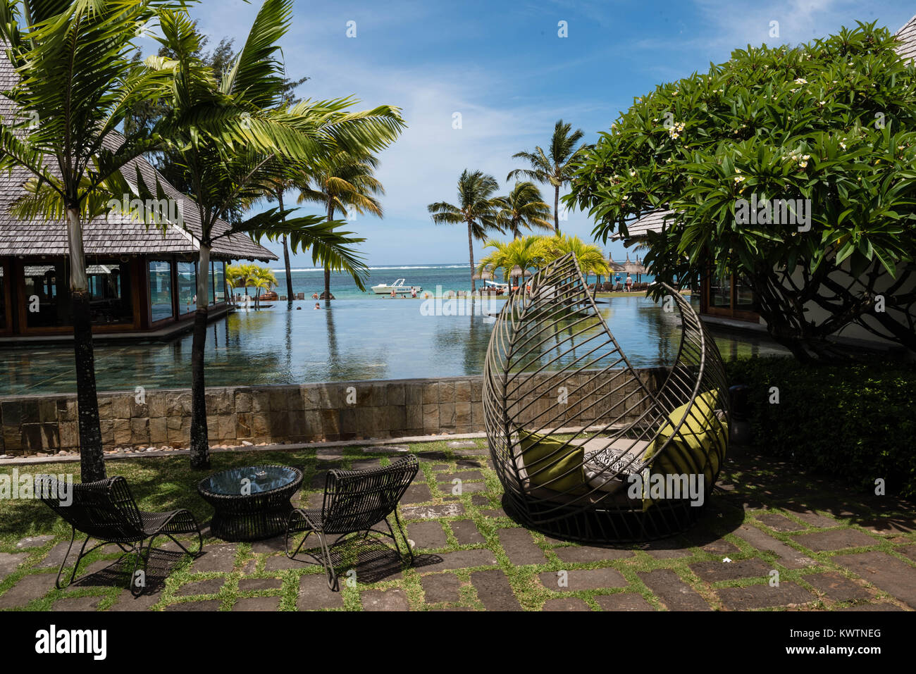 infinity pool, Heritage Awali hotel, Mauritius, South cost Stock Photo