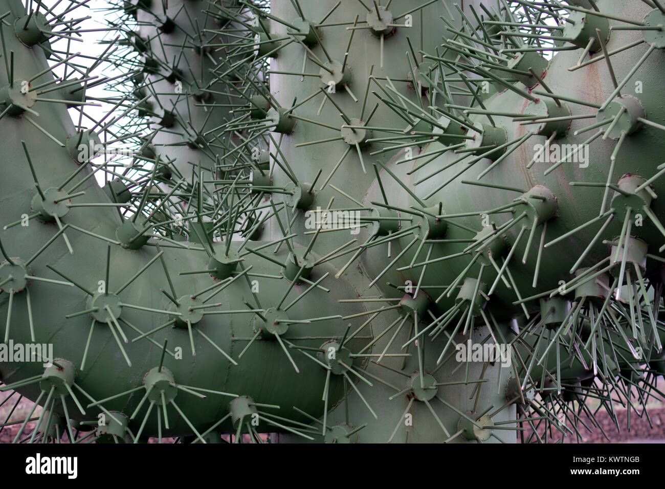 Metal cactus sculpture outside the Jardin de Cactus, Guatiza, Lanzarote, Canary Islands, Spain. Stock Photo