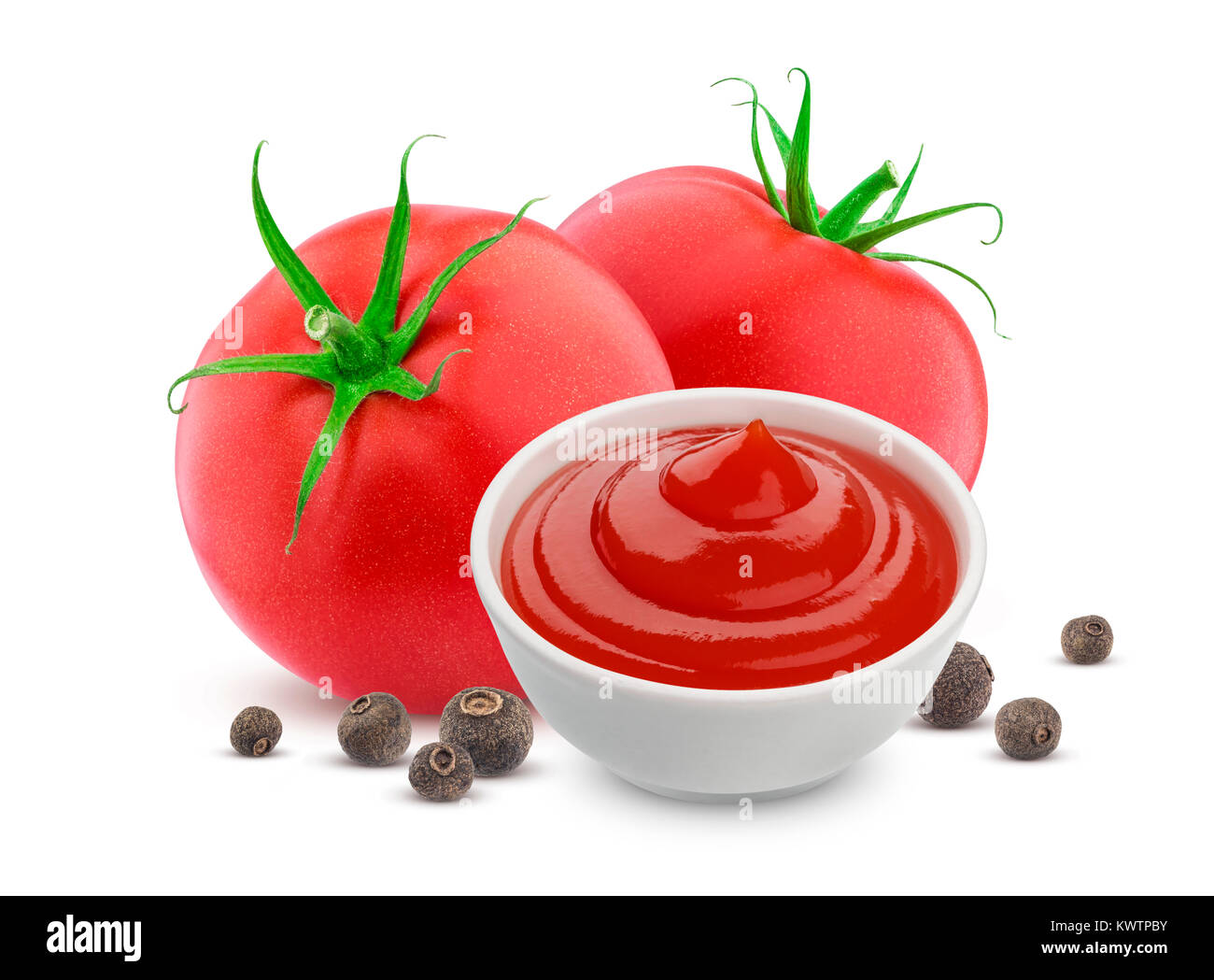 Ketchup in bowl, fresh tomatoes and spices isolated on white background Stock Photo