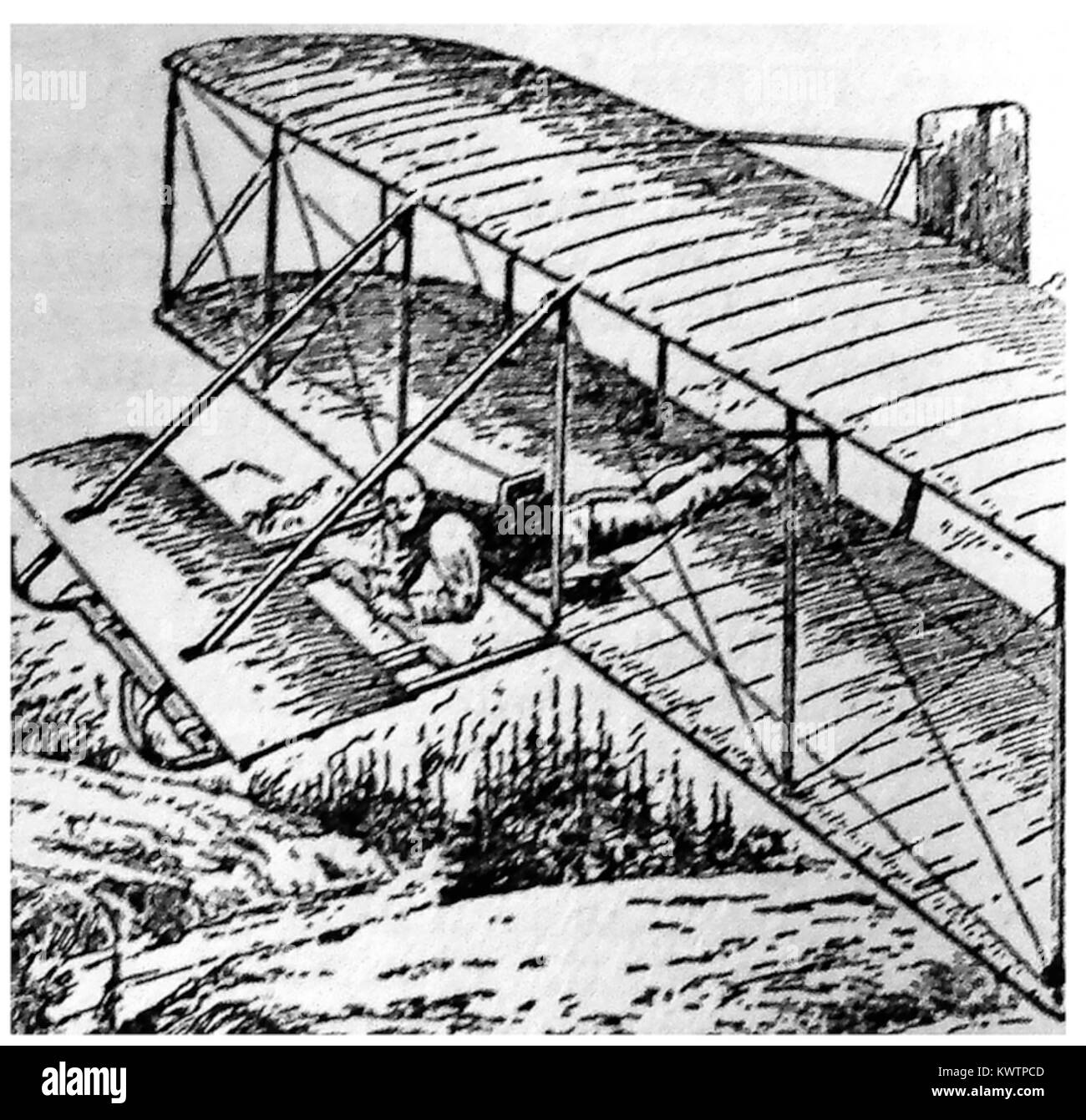 A 1933 illustration showing a 1903 Wright brothers  biplane glider aeroplane  with 'front mounted  elevator'  and its pilot in flight in a cradle. Stock Photo