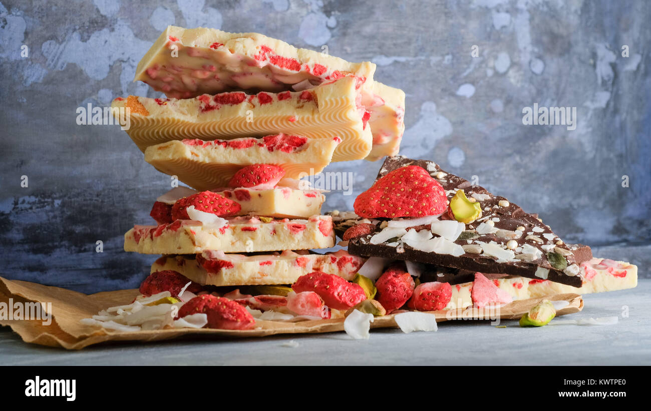 A delicious chocolate tower  with freeze-dry  strawberries Stock Photo