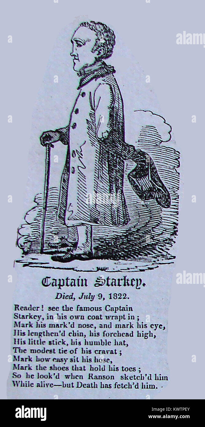 CAPTAIN BENJAMIN STARKEY - A woodcut portrait & poem commemorating  his death July 1822 -  He was not actually a captain but a  well known  dwarf-like character who was an inhabitant of the Freeman's Hospital in Newcastle upon Tyne UK and considered a 'True Gentleman'. Stock Photo