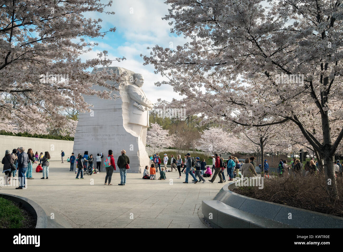 WASHINGTON DC - MARCH 29, 2017 - Blooming cherry trees and tourists surround the Martin Luther King, Jr. Monument at the Tidal Basin in Potomac Park. Stock Photo