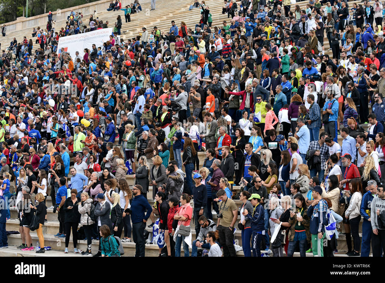 Panathenean stadium in Athens, Greece, full of people during 35th 2017 Authentic Marathon race Stock Photo