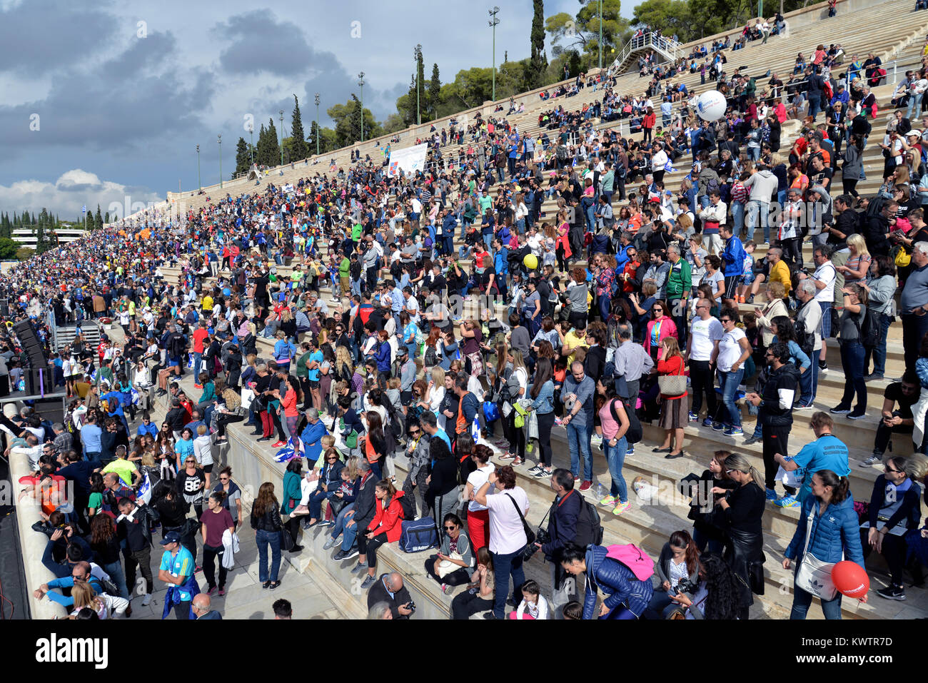 Panathenean stadium in Athens, Greece, full of people during 35th 2017 Authentic Marathon race Stock Photo