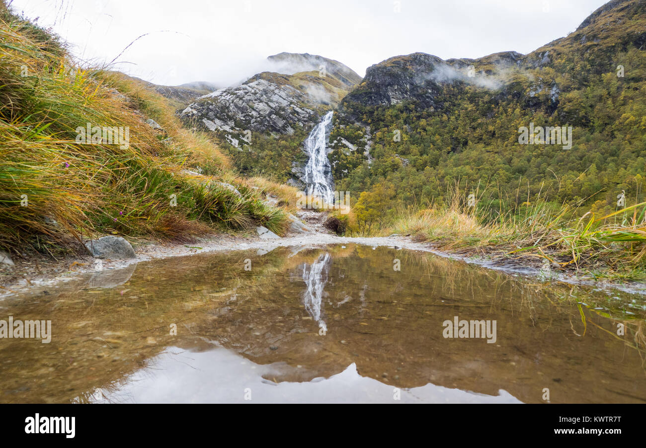 Reflection of the Steall Falls in Glen Nevis, Scotland Stock Photo