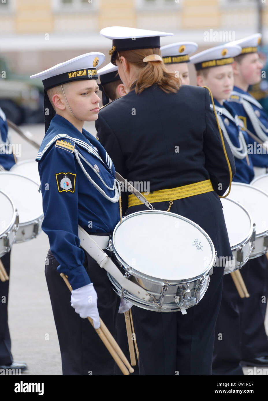 07.05.2017.Russia.Saint-Petersburg.Cadet musicians are taking part in the preparatory rehearsals for the parade on may 9,devoted to the Victory Day. Stock Photo