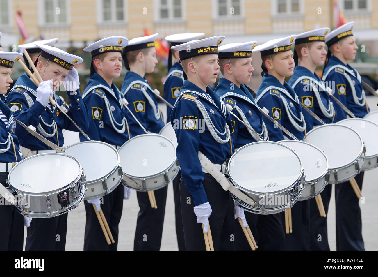07.05.2017.Russia.Saint-Petersburg.Cadet musicians are taking part in the preparatory rehearsals for the parade on may 9,devoted to the Victory Day. Stock Photo