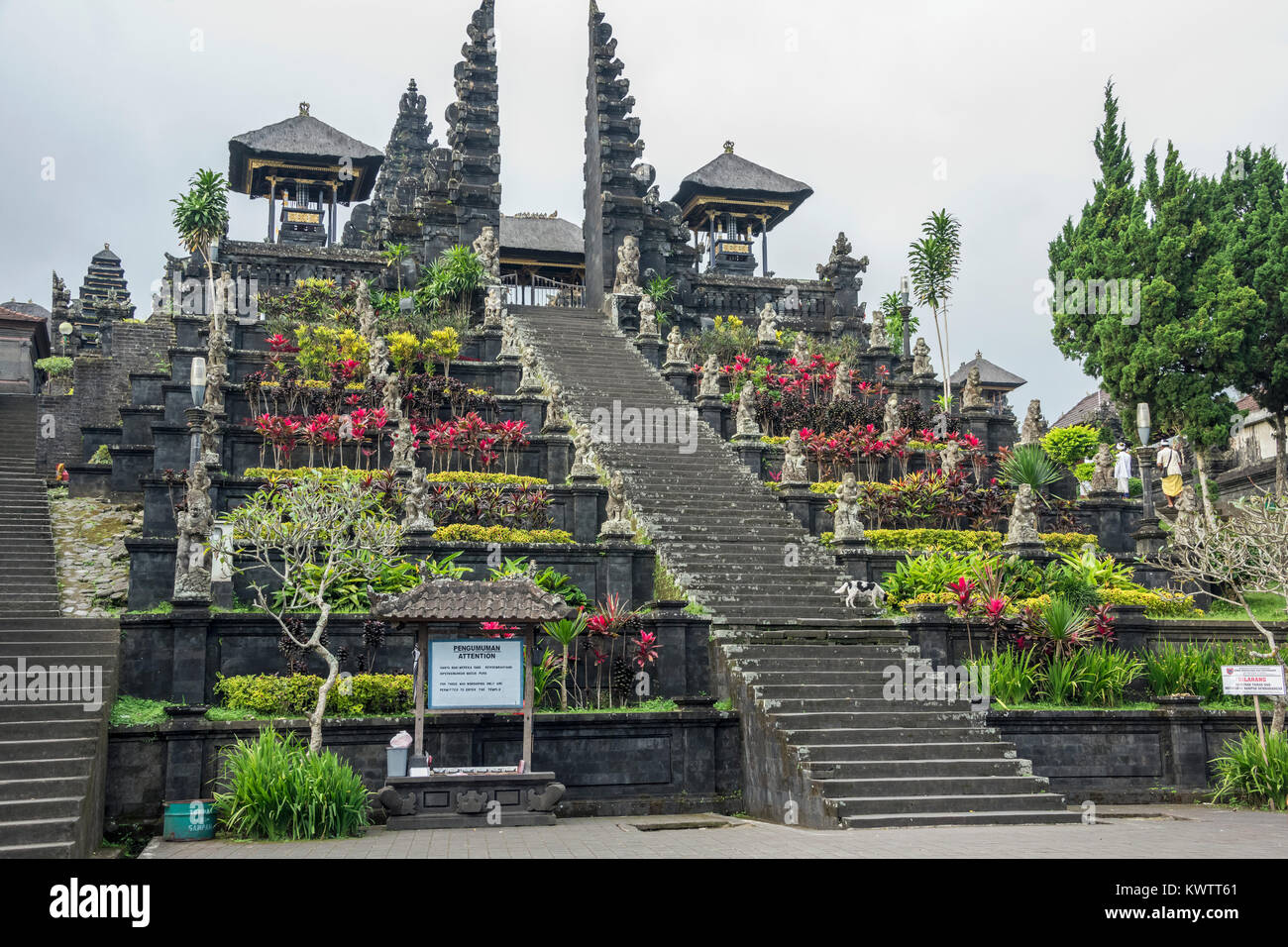 Main stairway and split gate with dog, Pura Basakih temple, Bali, Indonesia Stock Photo