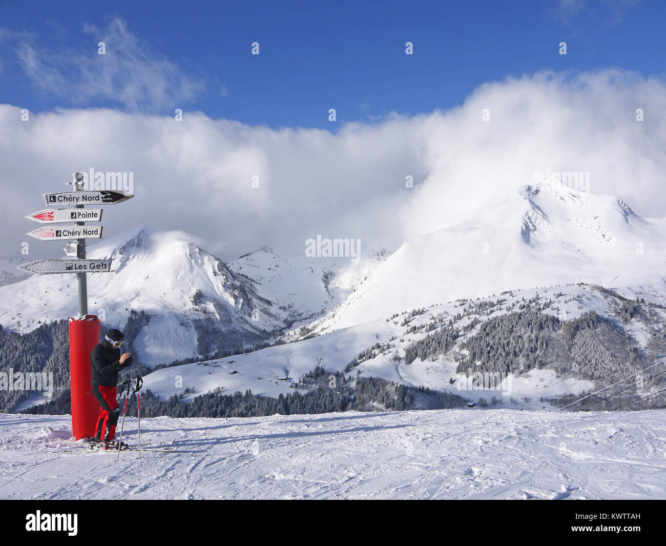 Top of the Mont Chery skilift in the ski resort of Les Gets, France Stock Photo