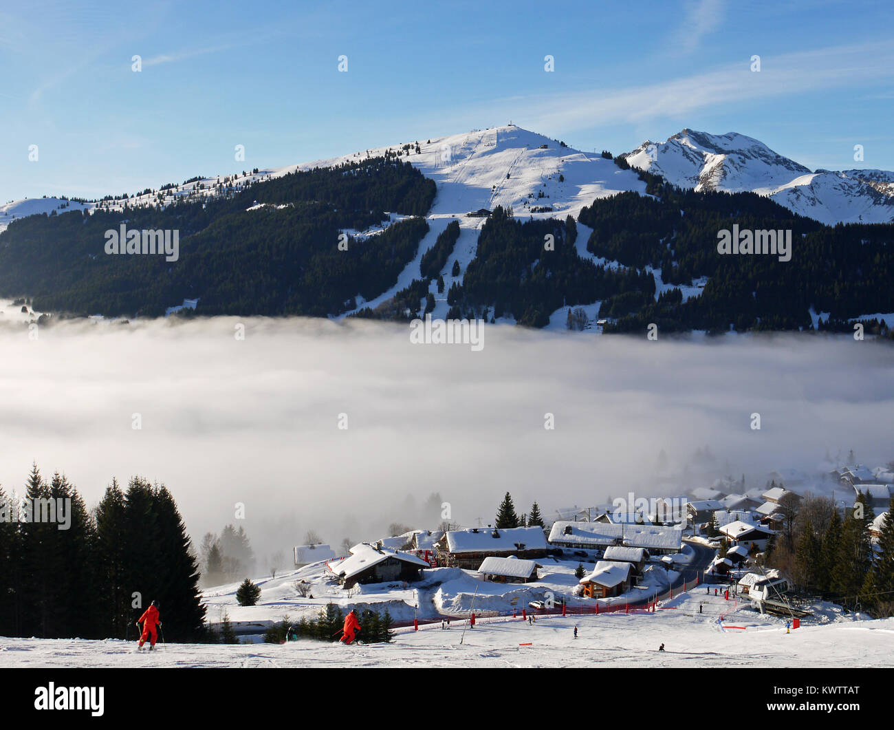 Winter scenes in the ski and snowboarding resort of Les Gets, France Stock Photo