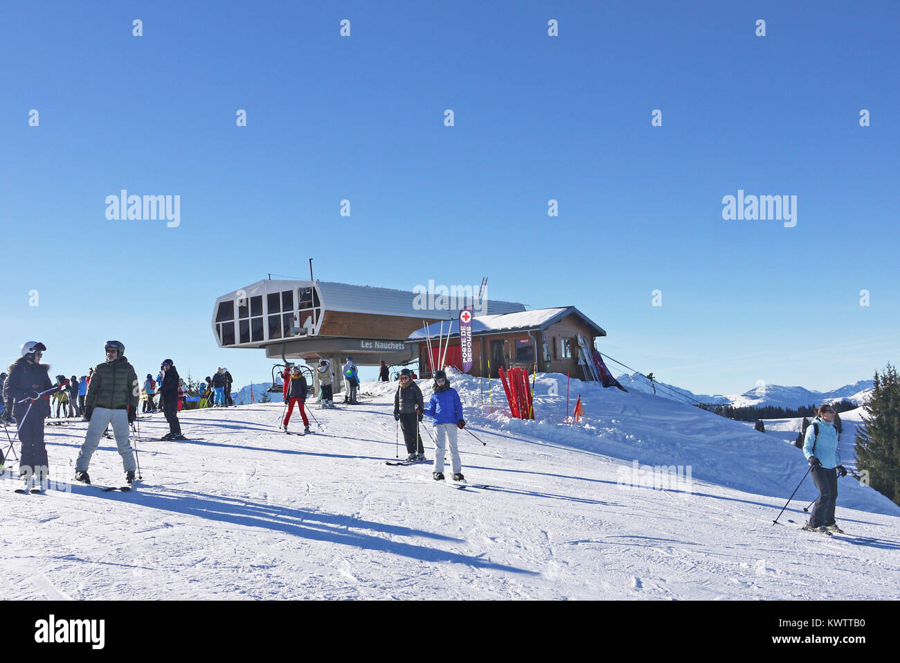 Top of the Nauchets Express lift at Les Gets snowsports resorts in France Stock Photo