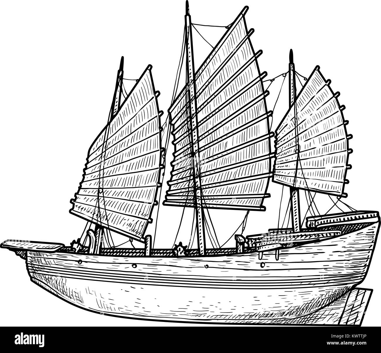 Junk boat illustration, drawing, engraving, ink, line art, vector Stock ...