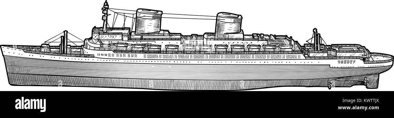 Big ship illustration, drawing, engraving, ink, line art, vector Stock Vector