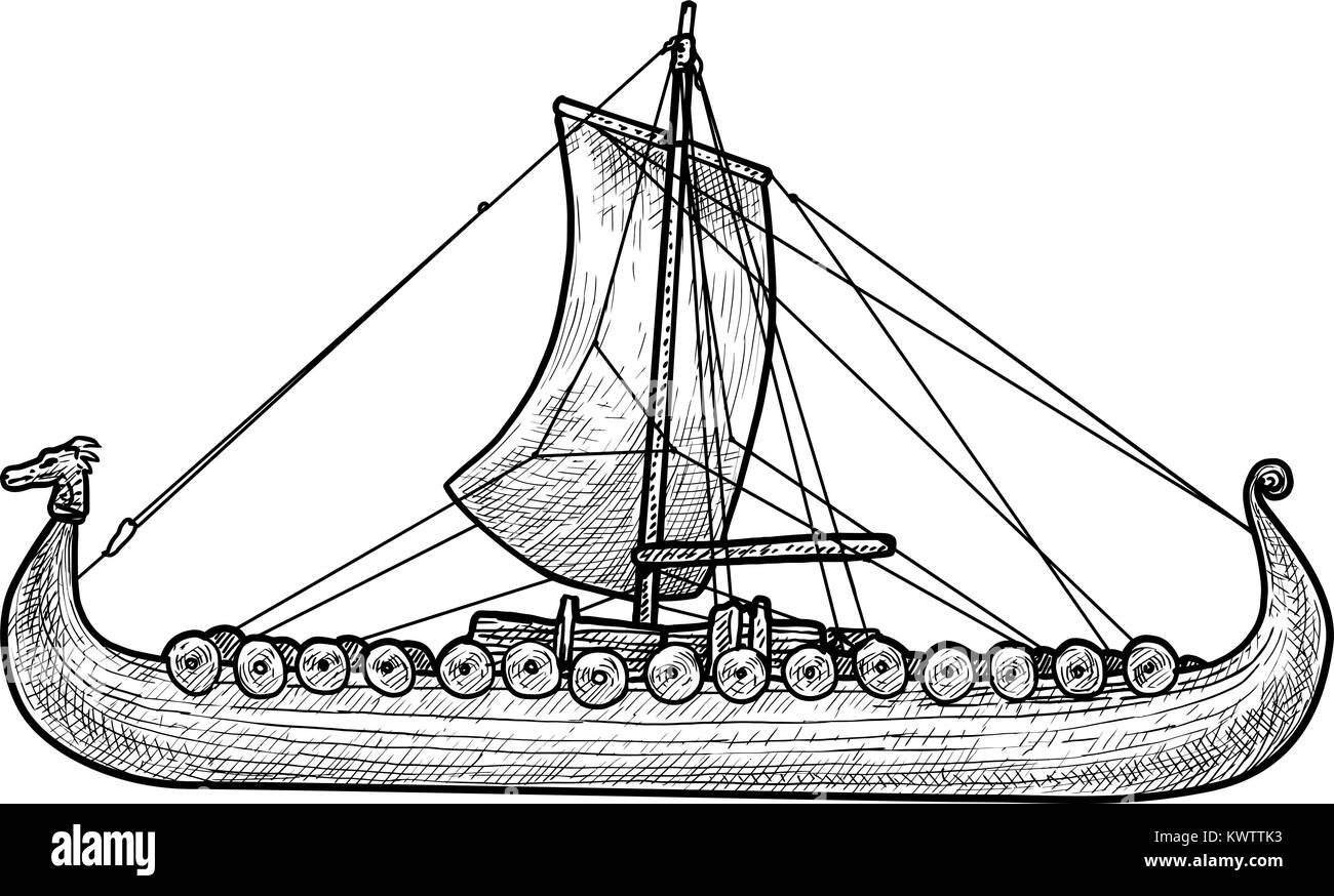 Viking ship illustration, drawing, engraving, ink, line art, vector Stock Vector