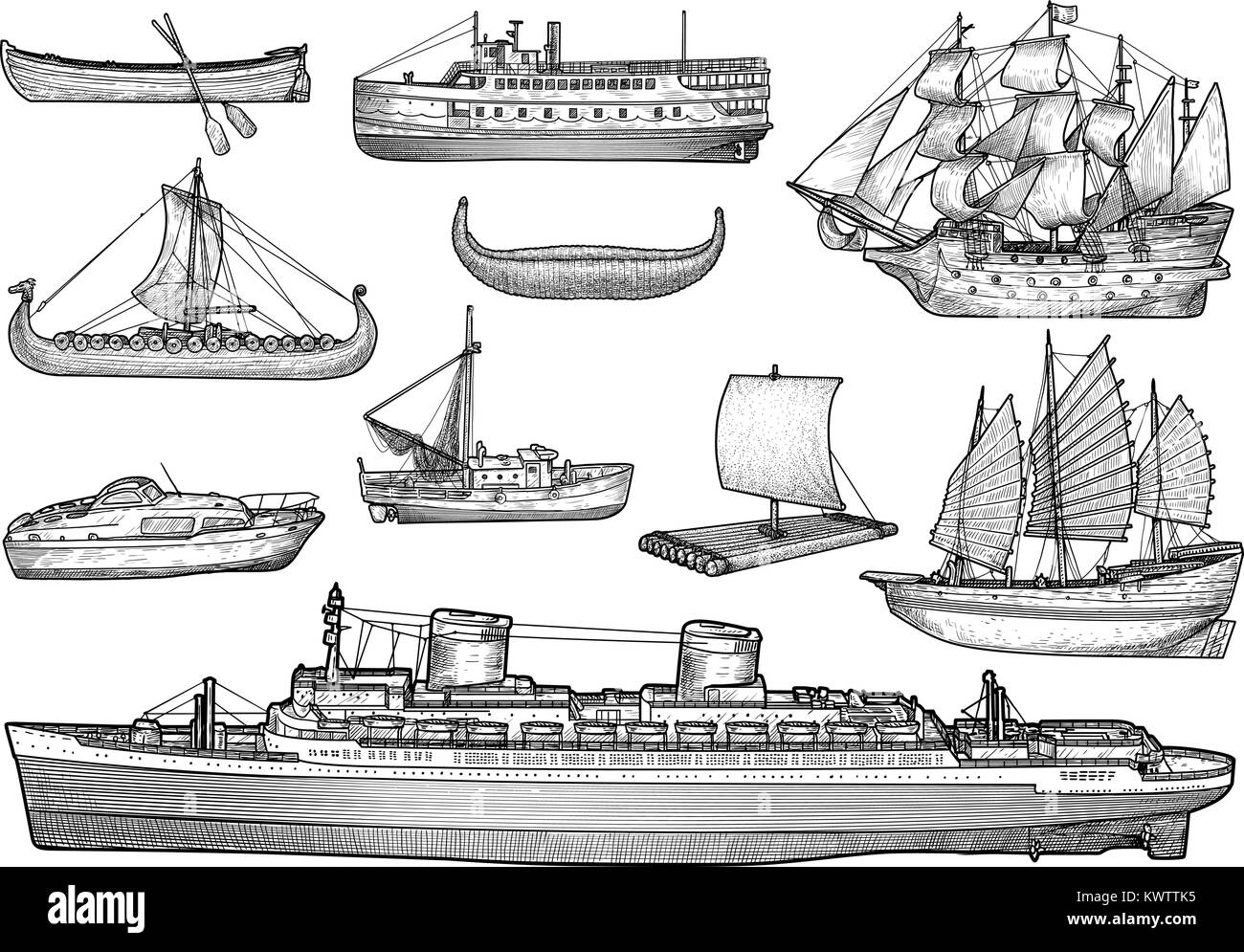 Ship, boat illustration, drawing, engraving, ink, line art, vector Stock Vector