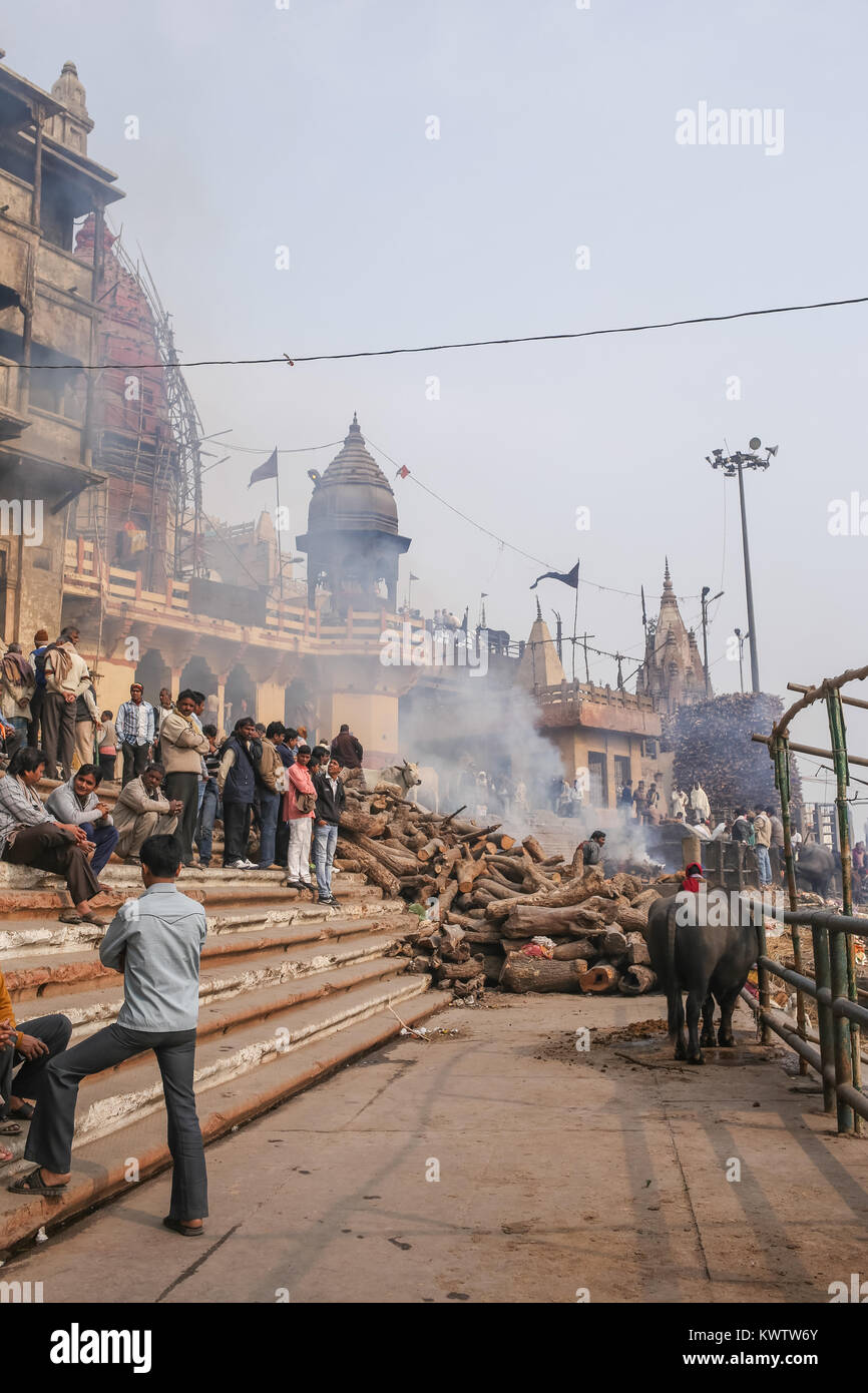VARANASI, INDIA -  January 1, 2015: Ganges river and Varanasi ghats during Kumbh Mela festival mornimg., Varanasi, India Stock Photo