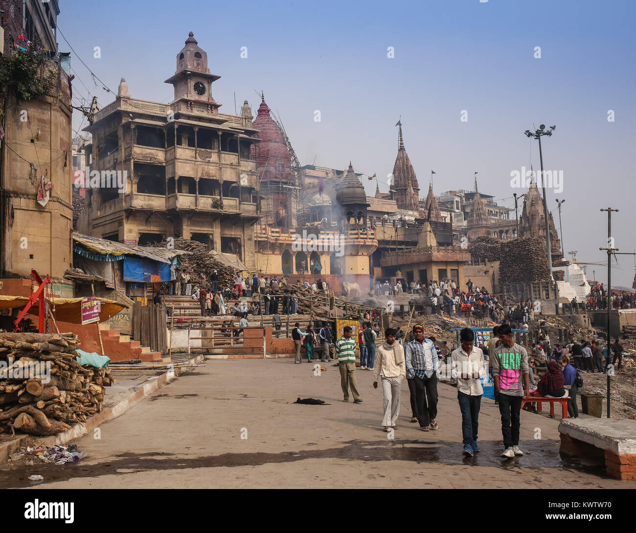 VARANASI, INDIA -  January 1, 2015: Ganges river and Varanasi ghats during Kumbh Mela festival mornimg., Varanasi, India Stock Photo