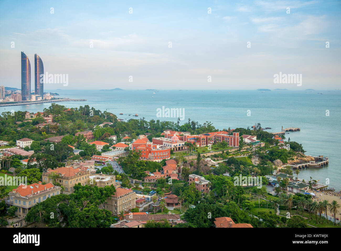 skyline of xiamen at dusk Stock Photo